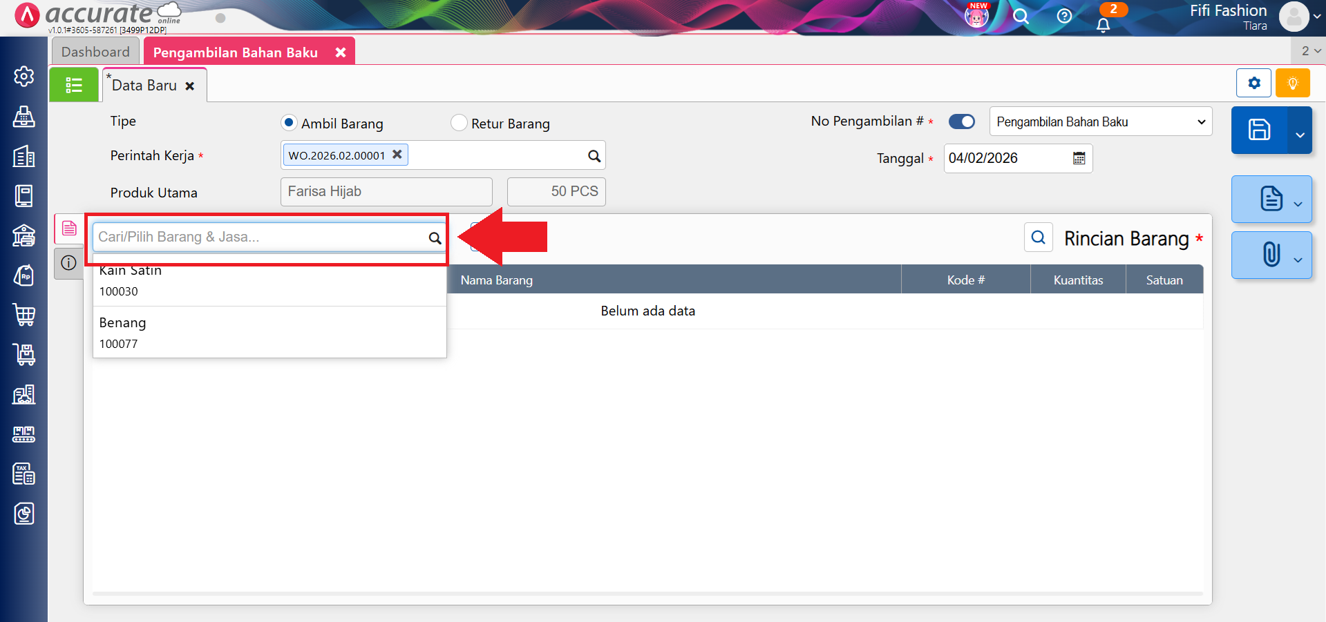 mencatat pengambilan bahan baku