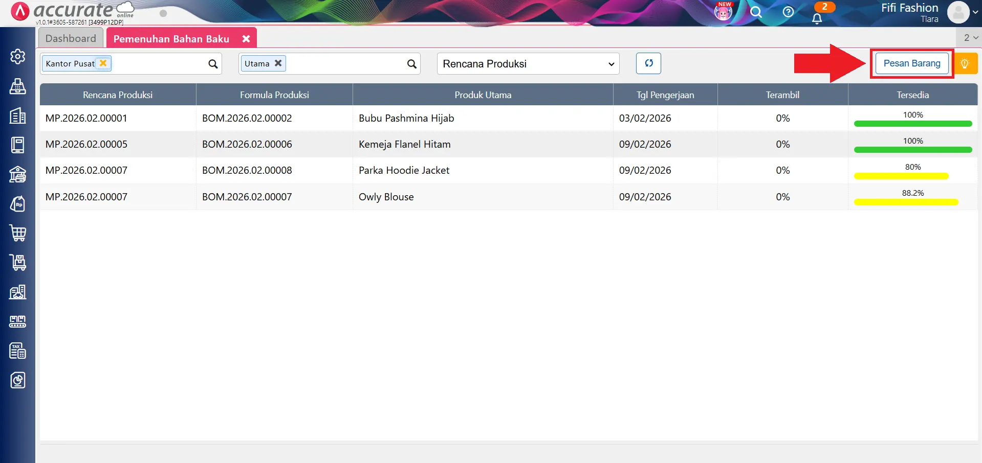 mencatat pemenuhan bahan baku