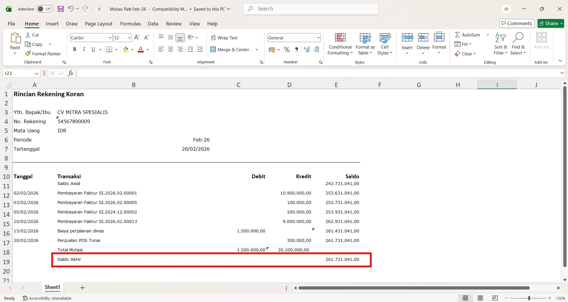 selisih saldo rekonsiliasi bank