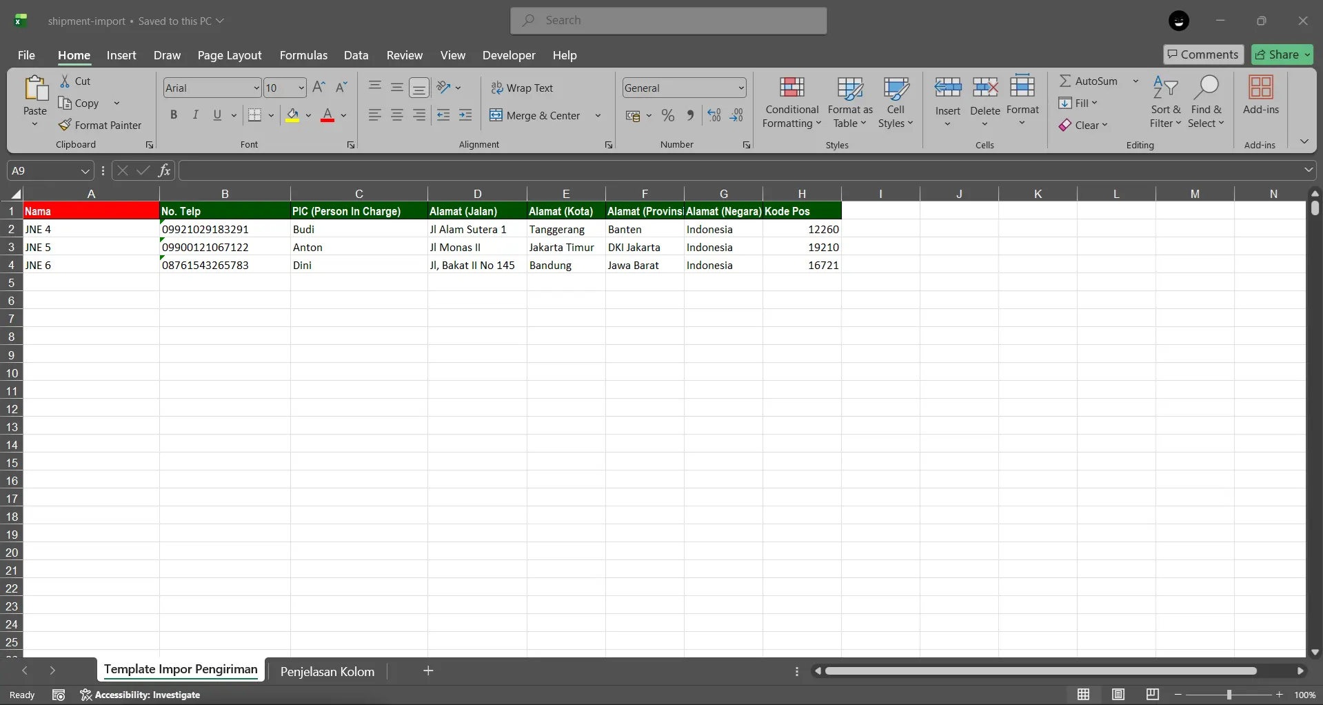 impor pengiriman Excel/CSV