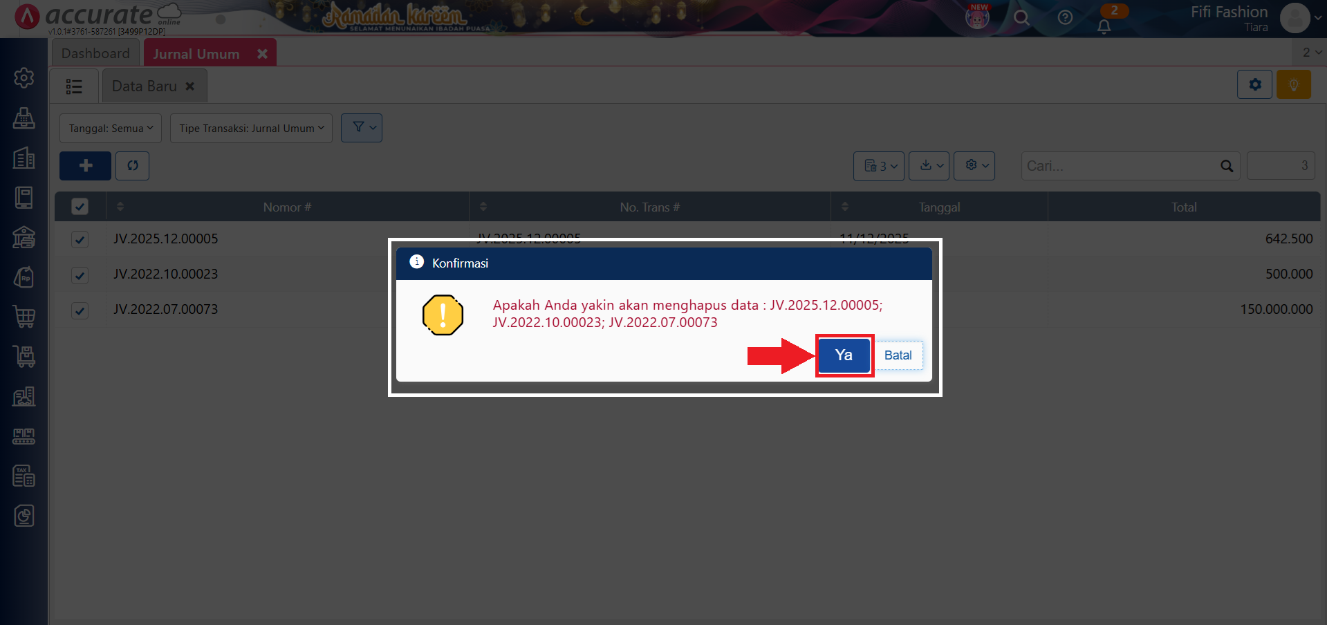 hapus pencatatan Beban secara massal