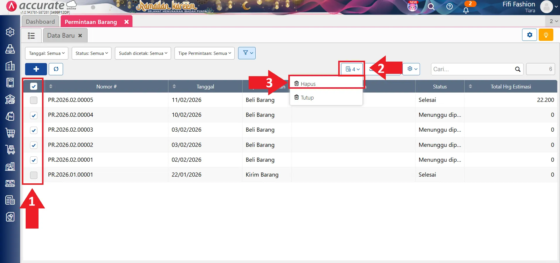hapus transaksi permintaan barang secara massal
