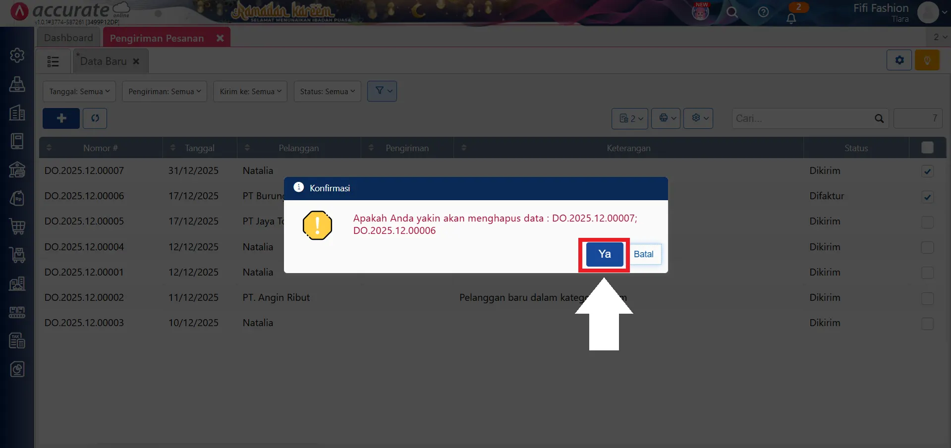 hapus transaksi pengiriman pesanan secara massal
