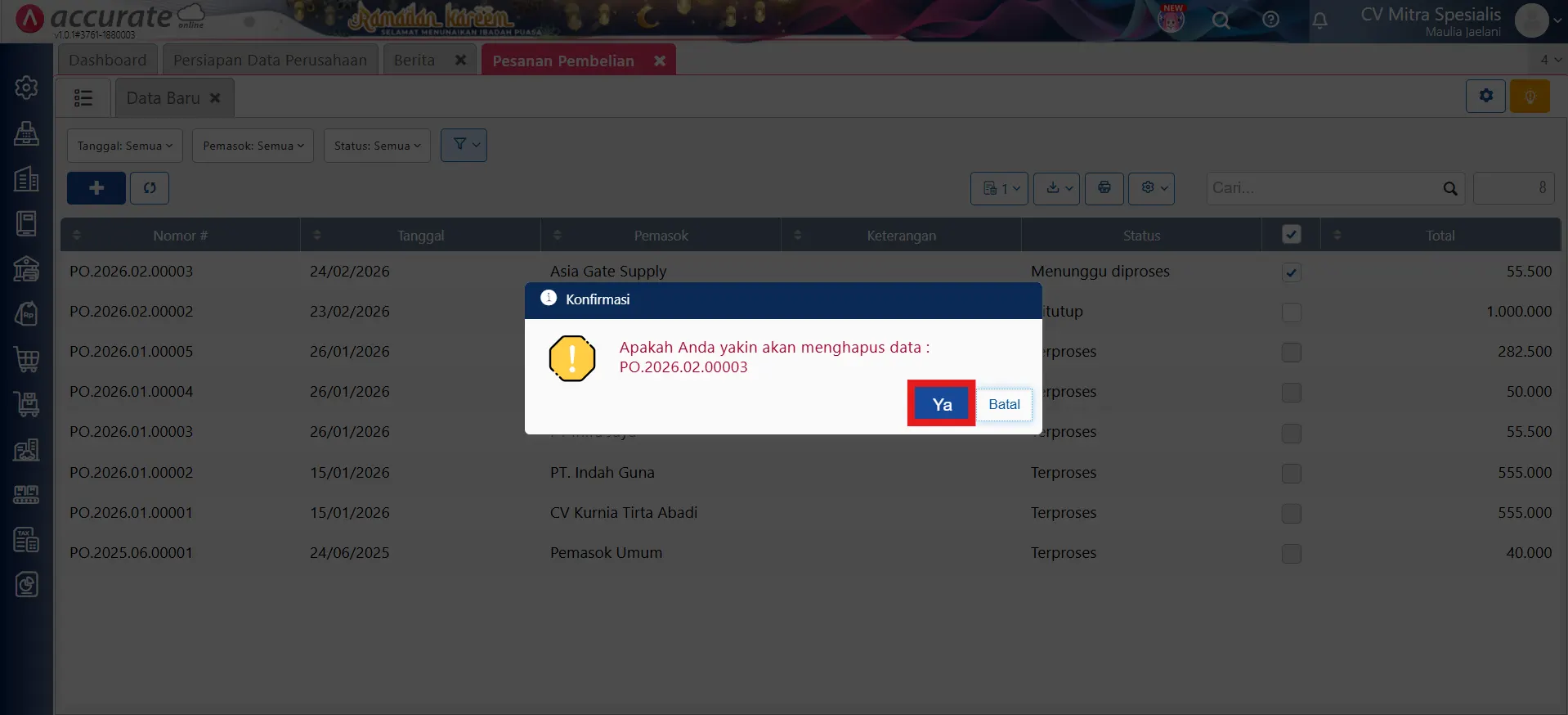 hapus pesanan pembelian secara massal
