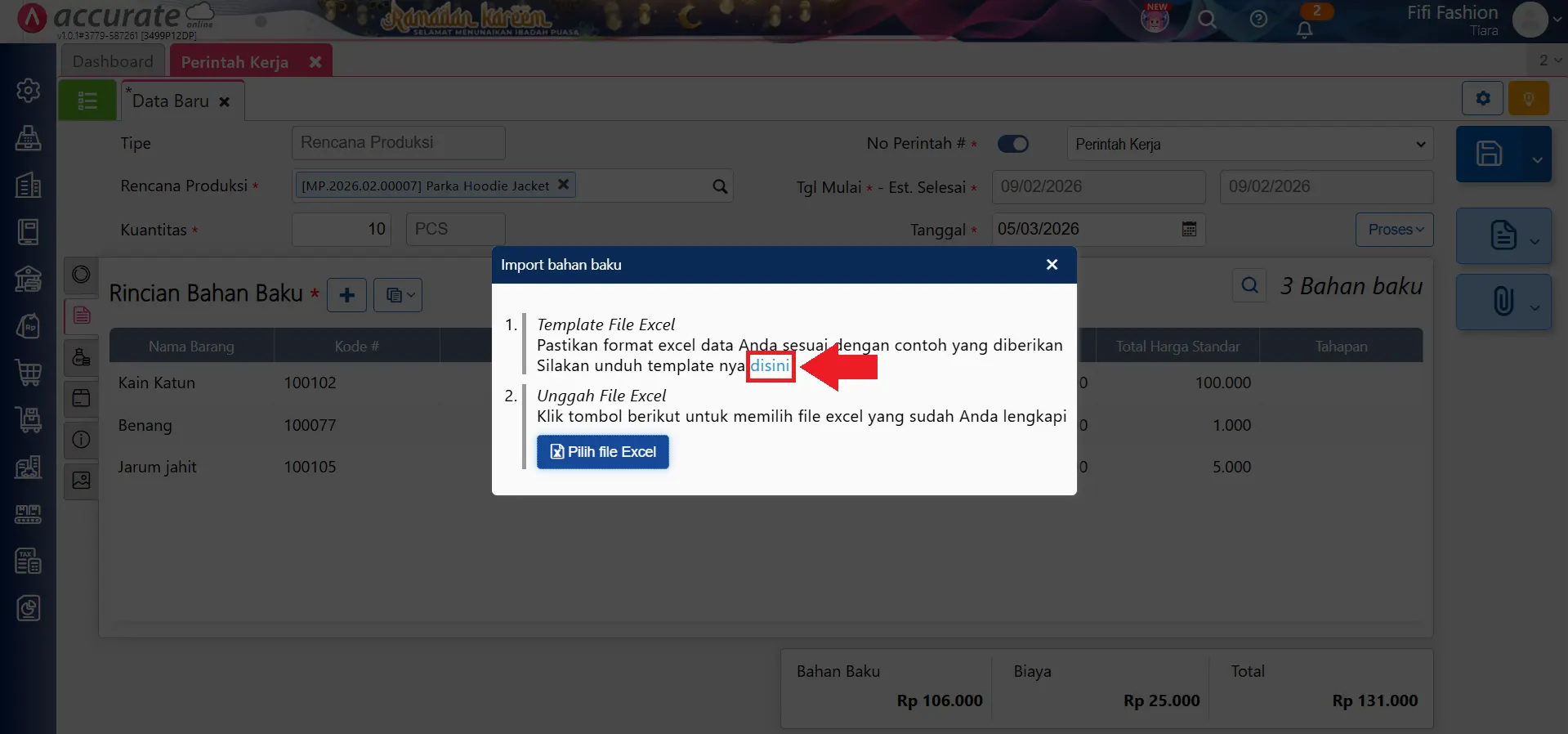 impor bahan baku perintah kerja excel