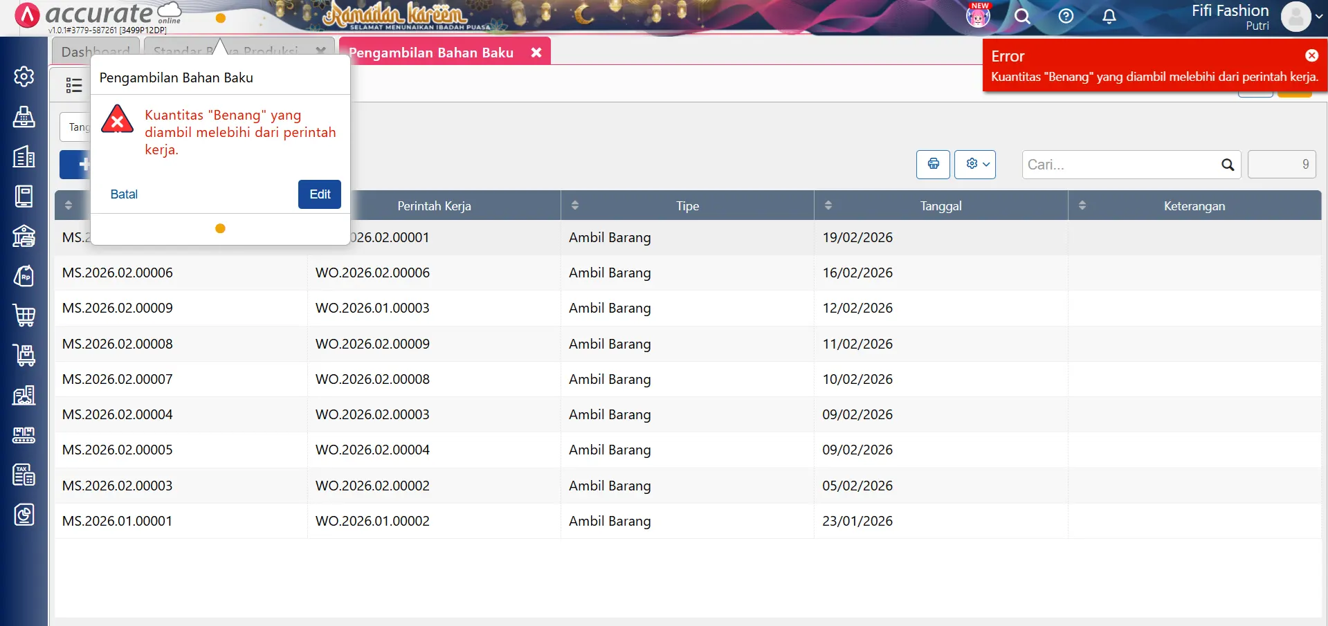 batasi pengambilan bahan baku produksi