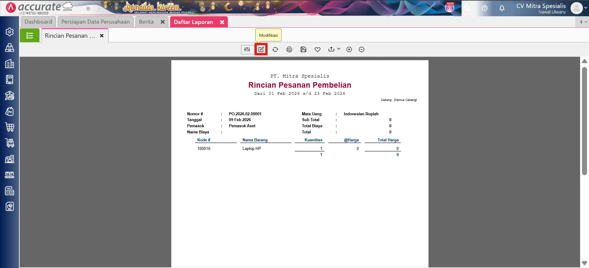 laporan pesanan pembelian ditutup