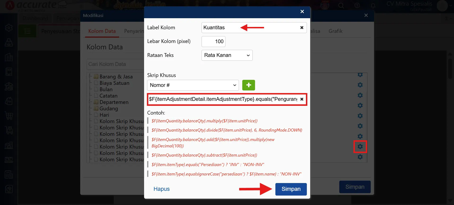 Menampilkan laporan penyesuaian stok dengan kuantitas