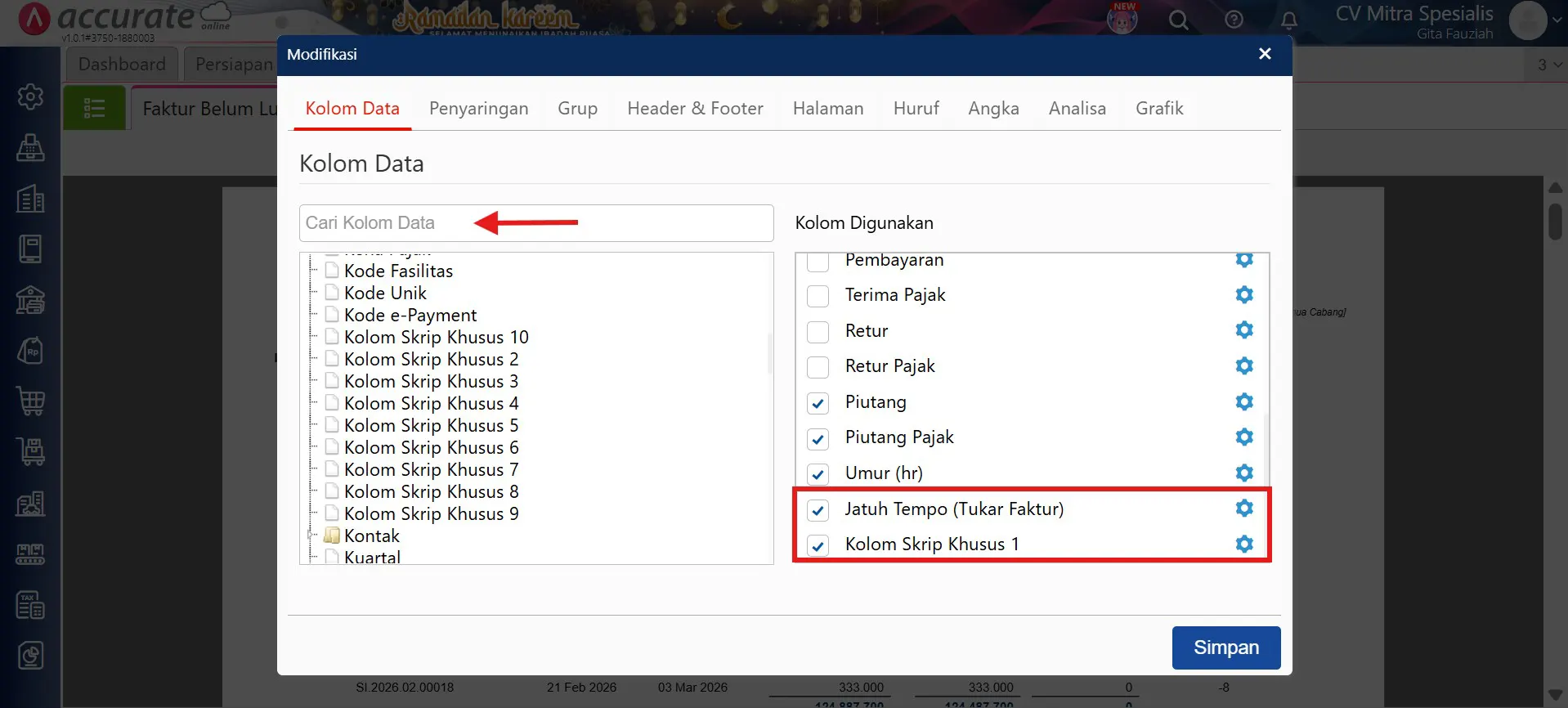 menampilkan umur piutang tukar faktur di faktur belum lunas