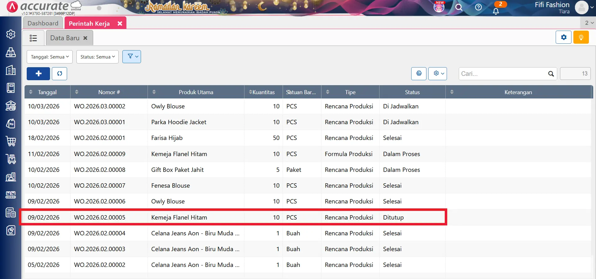 menutup perintah kerja yang belum selesai