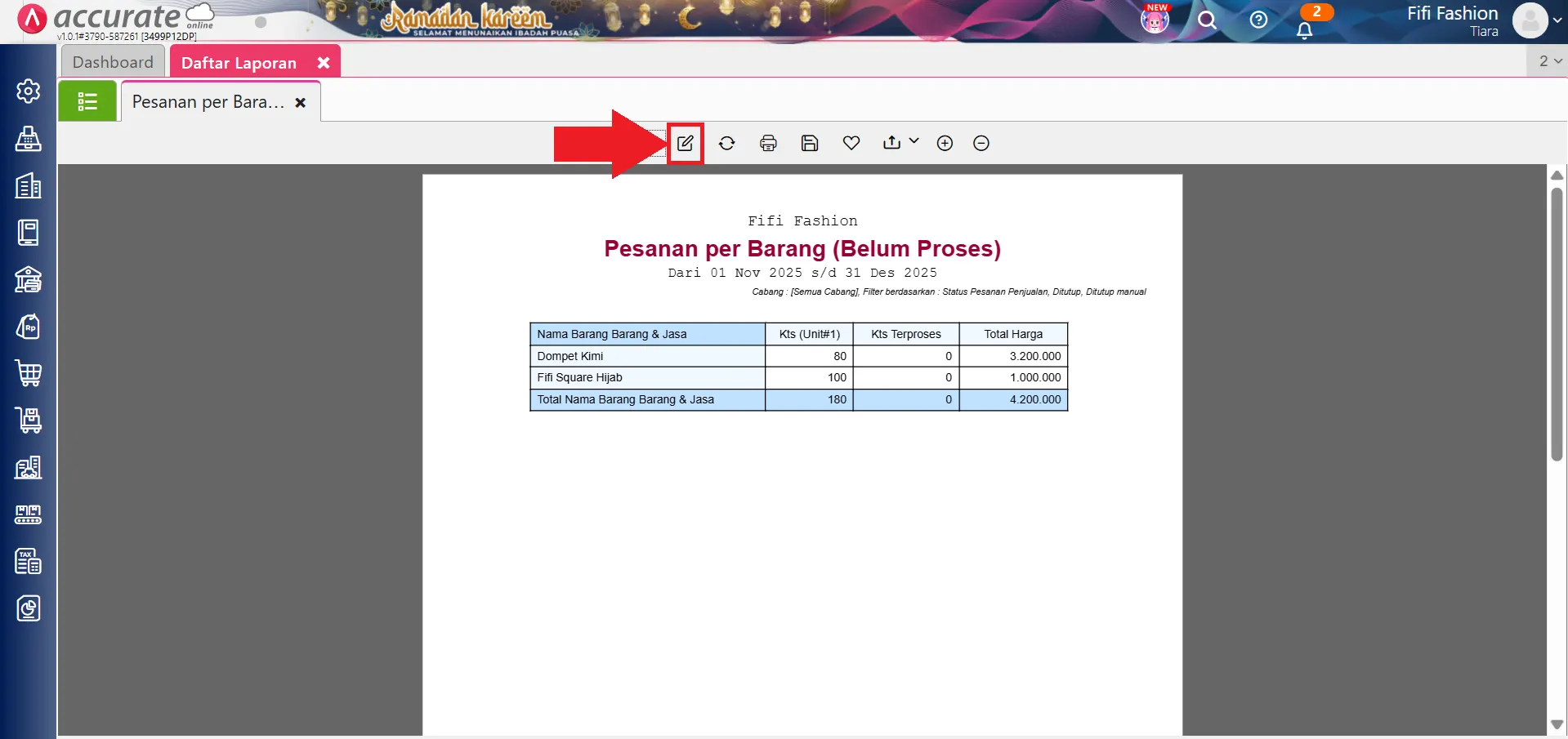 menampilkan kuantitas belum proses di laporan pesanan