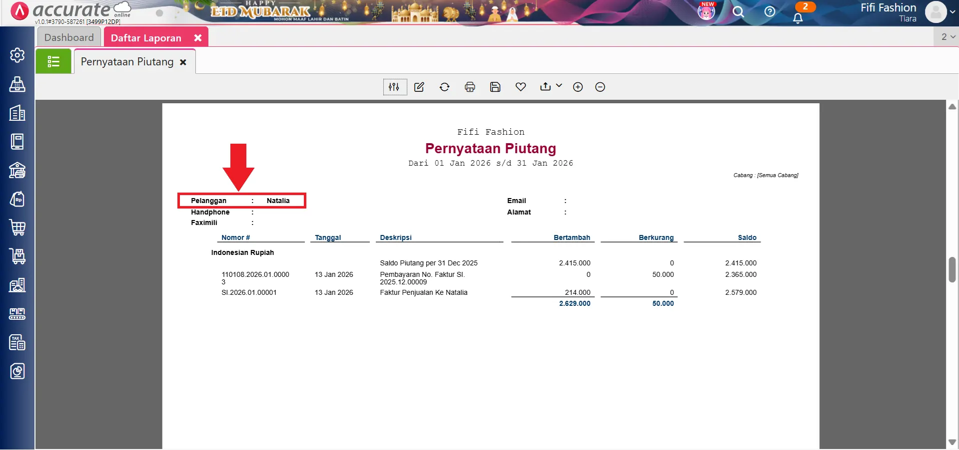 menampilkan laporan rincian piutang kepada pelanggan
