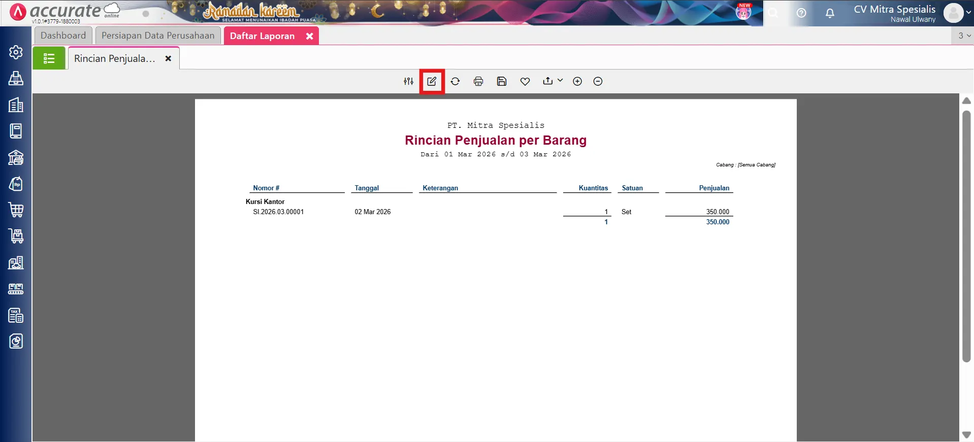 Menampilkan piutang penjualan per departemen