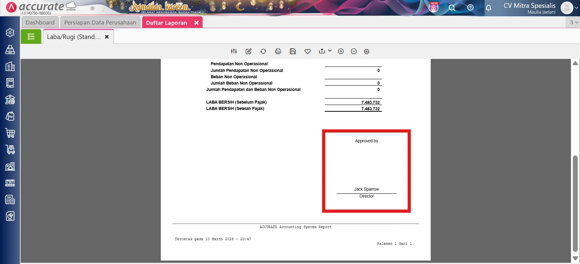 menampilkan kolom tanda tangan di laporan