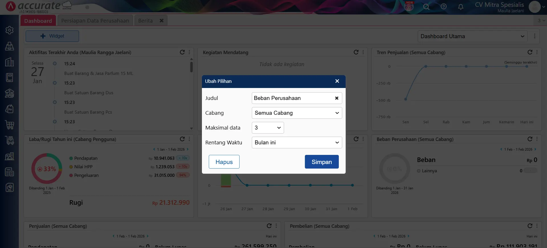 menampilkan dan mengatur widget beban
