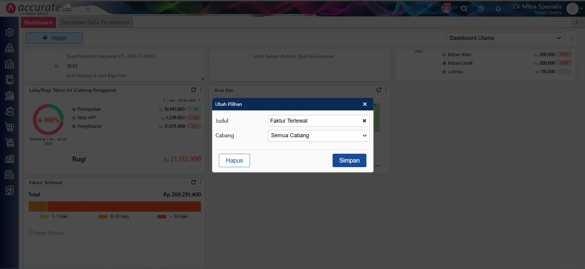 menampilkan widget faktur terlewat