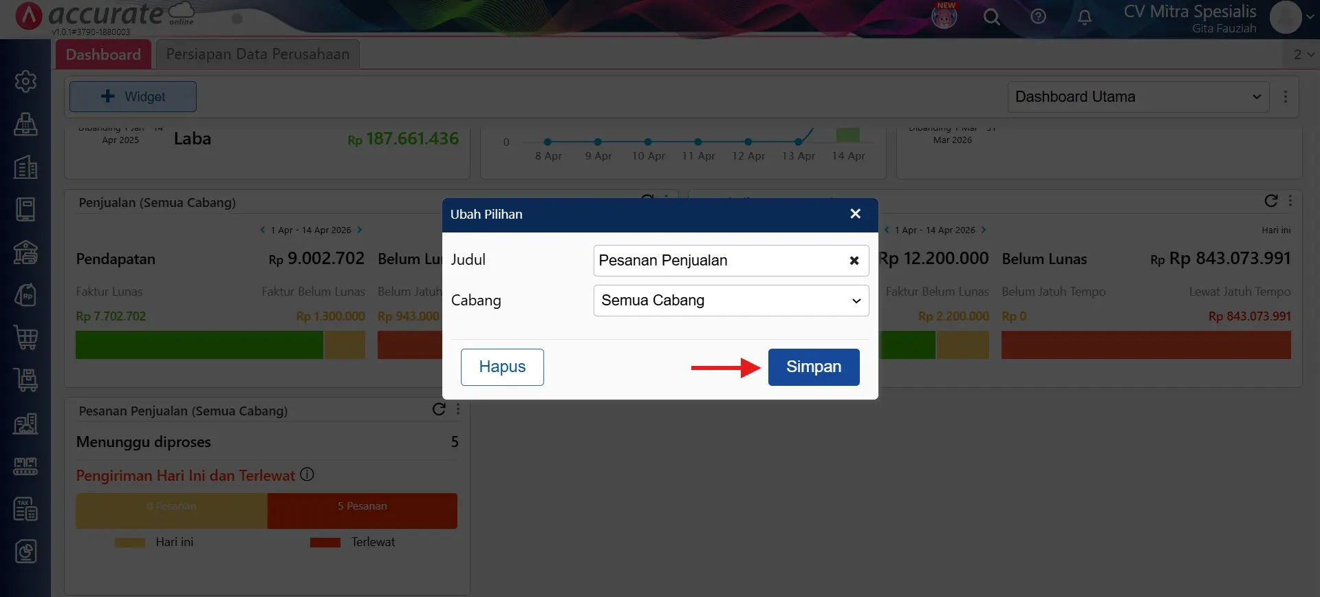 widget pesanan penjualan