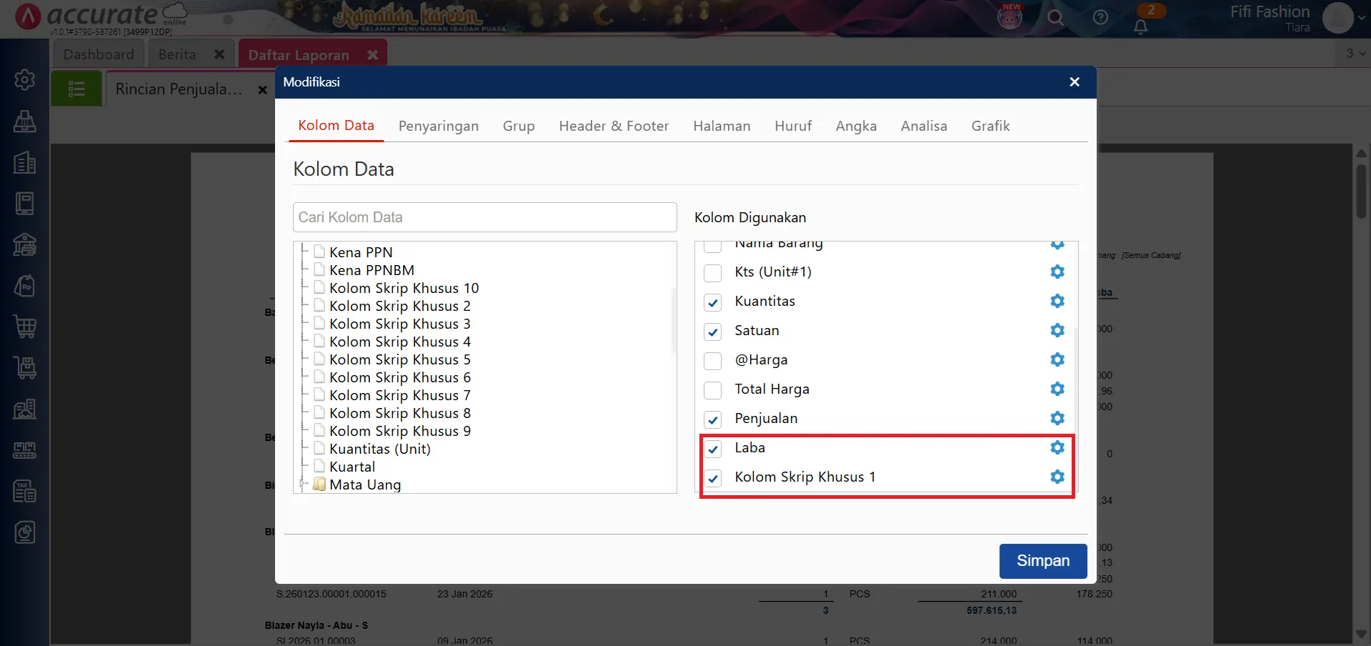 mengatasi skrip kolom tidak valid di laporan