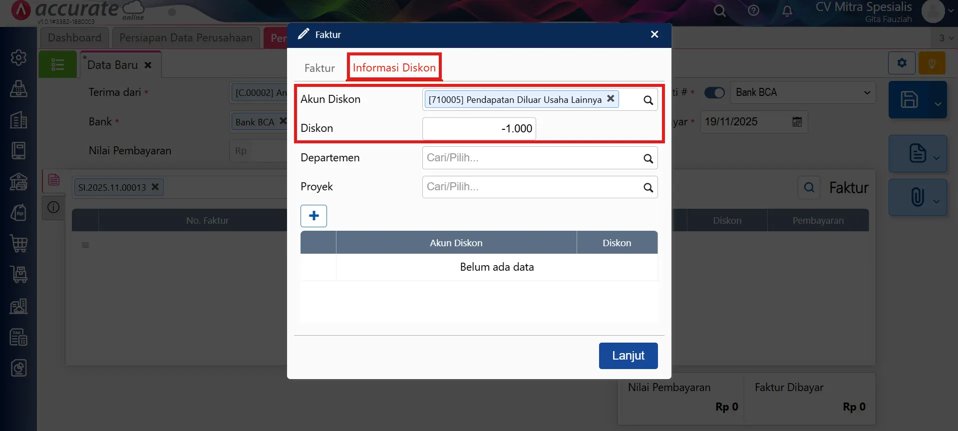 mengalokasikan lebih bayar penjualan ke akun lain