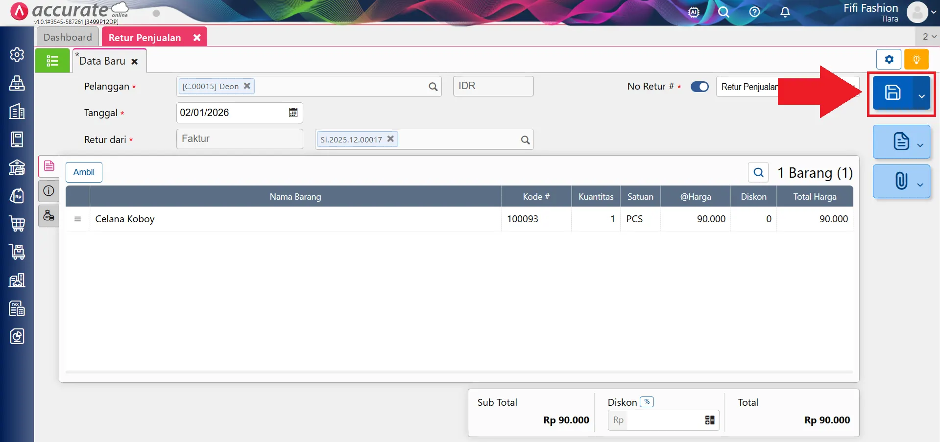Cara membuat retur penjualan sebagian dari faktur