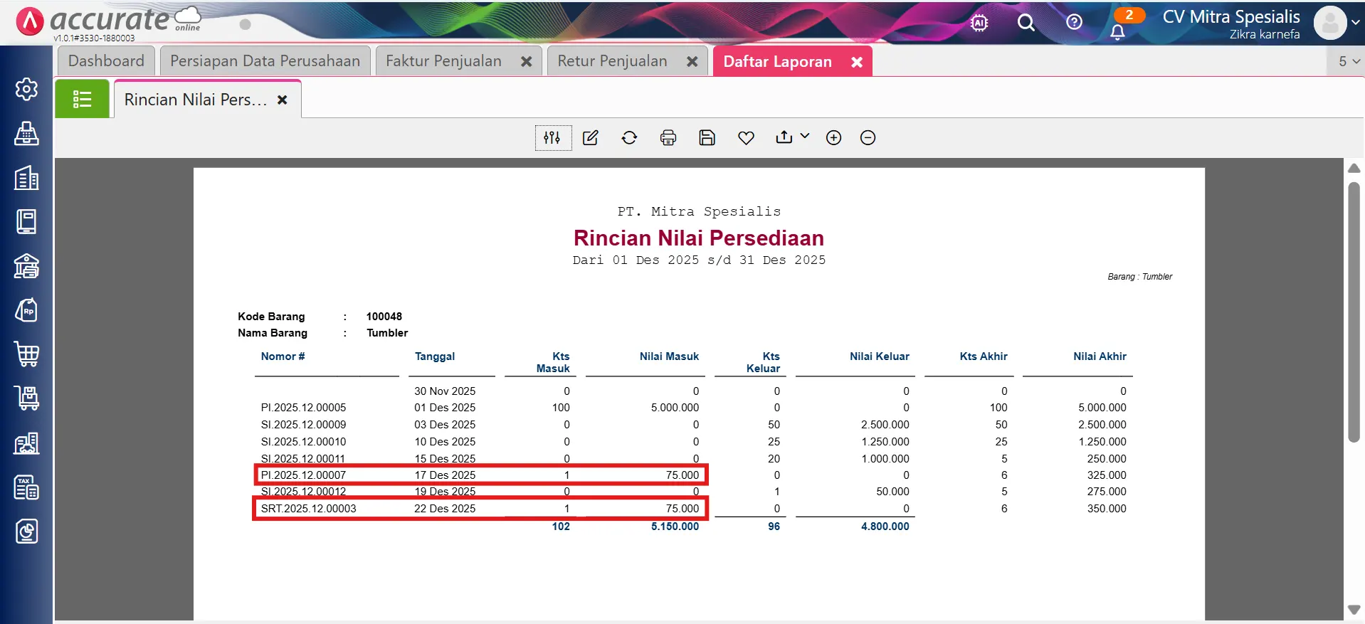 mengatur nilai persediaan retur penjualan