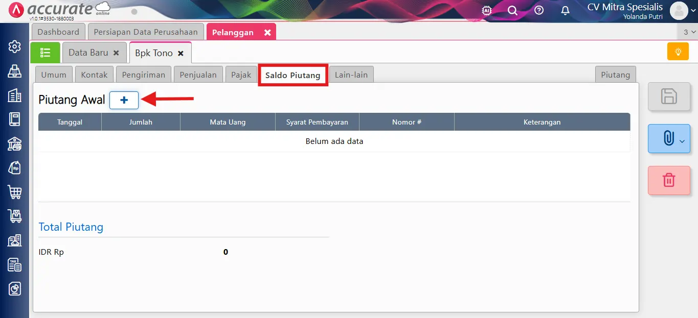 Input Nama Penjual pada saldo awal faktur