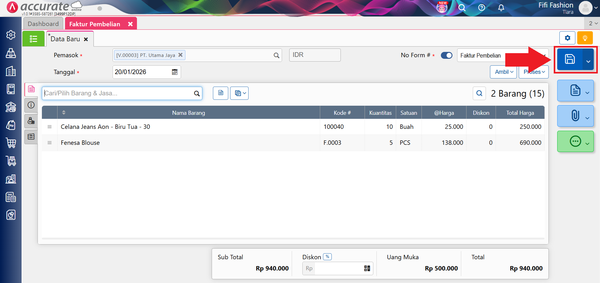 memotong faktur pembelian dengan uang muka