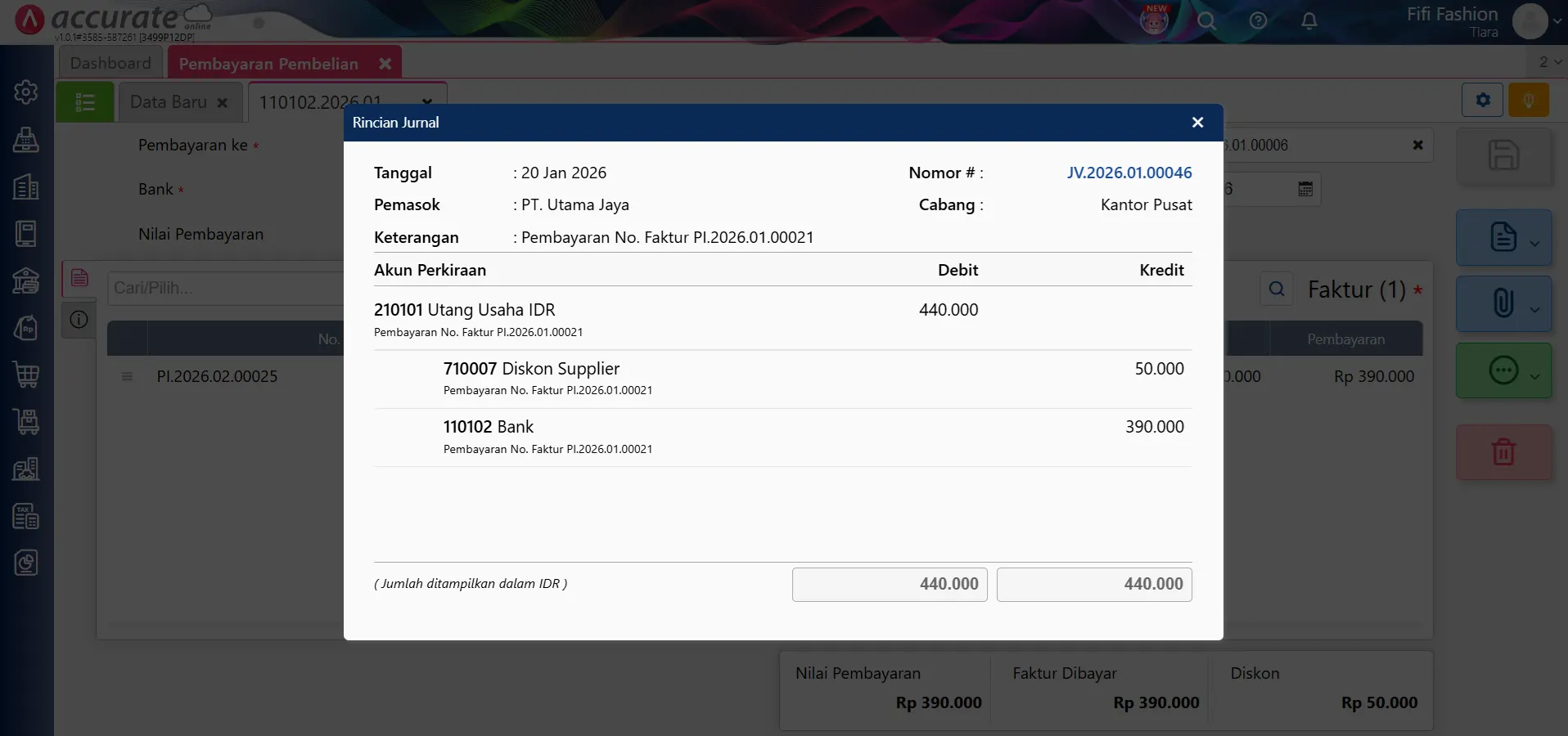 input pembayaran pembelian dengan diskon