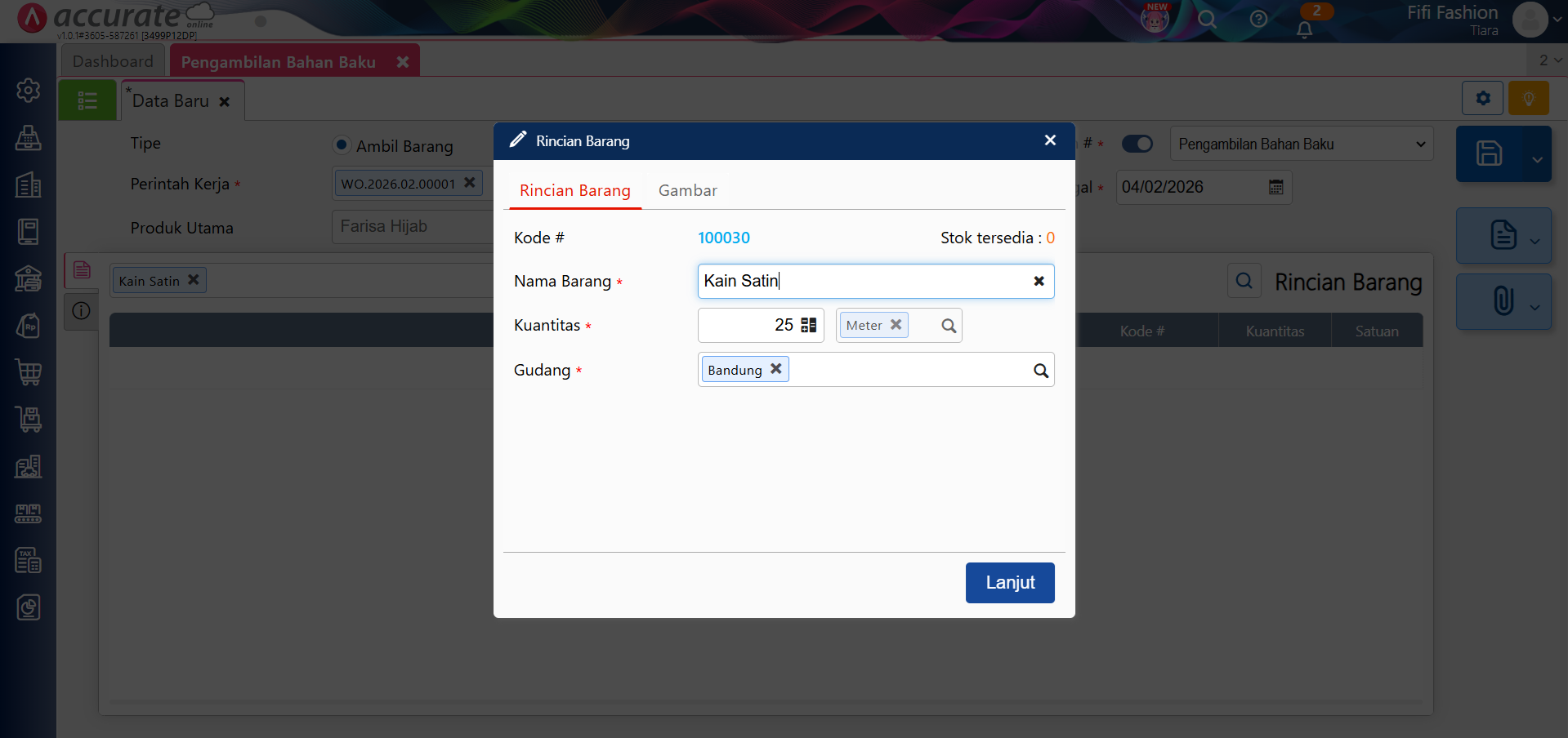 mencatat pengambilan bahan baku