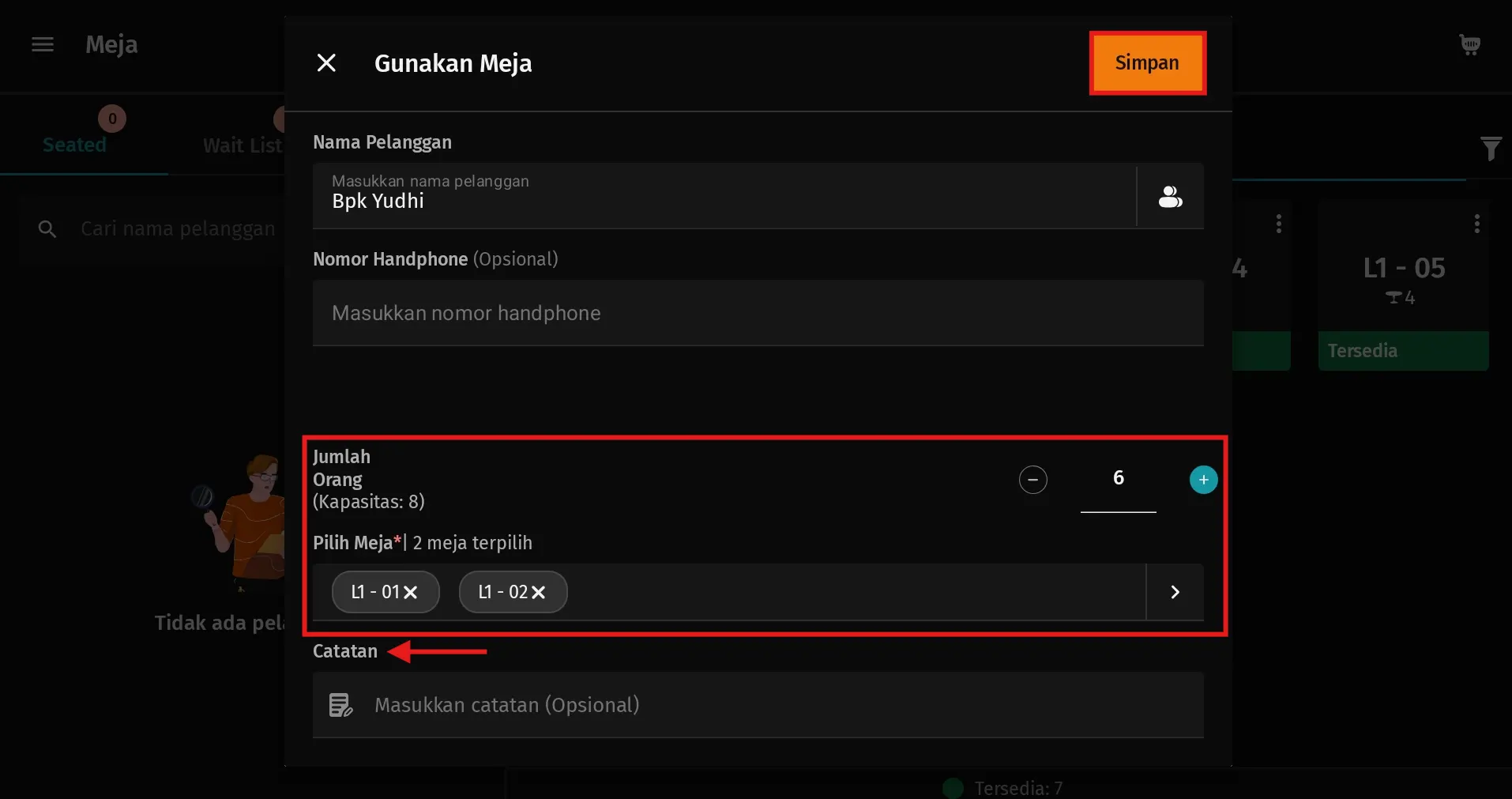 menggabungkan dua meja dalam satu pelanggan
