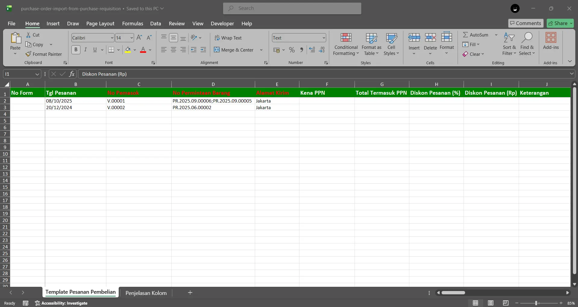 impor pesanan pembelian