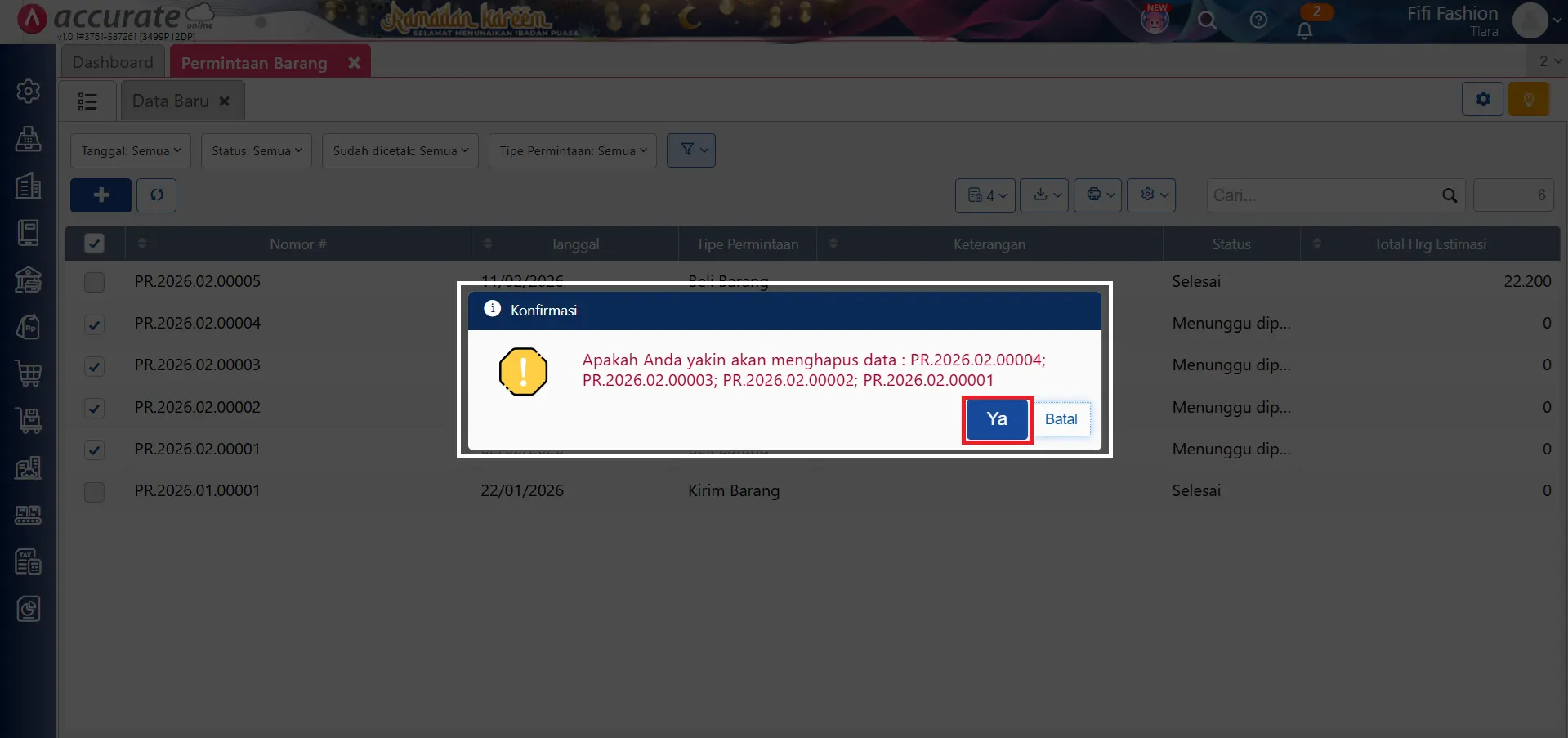 hapus transaksi permintaan barang secara massal
