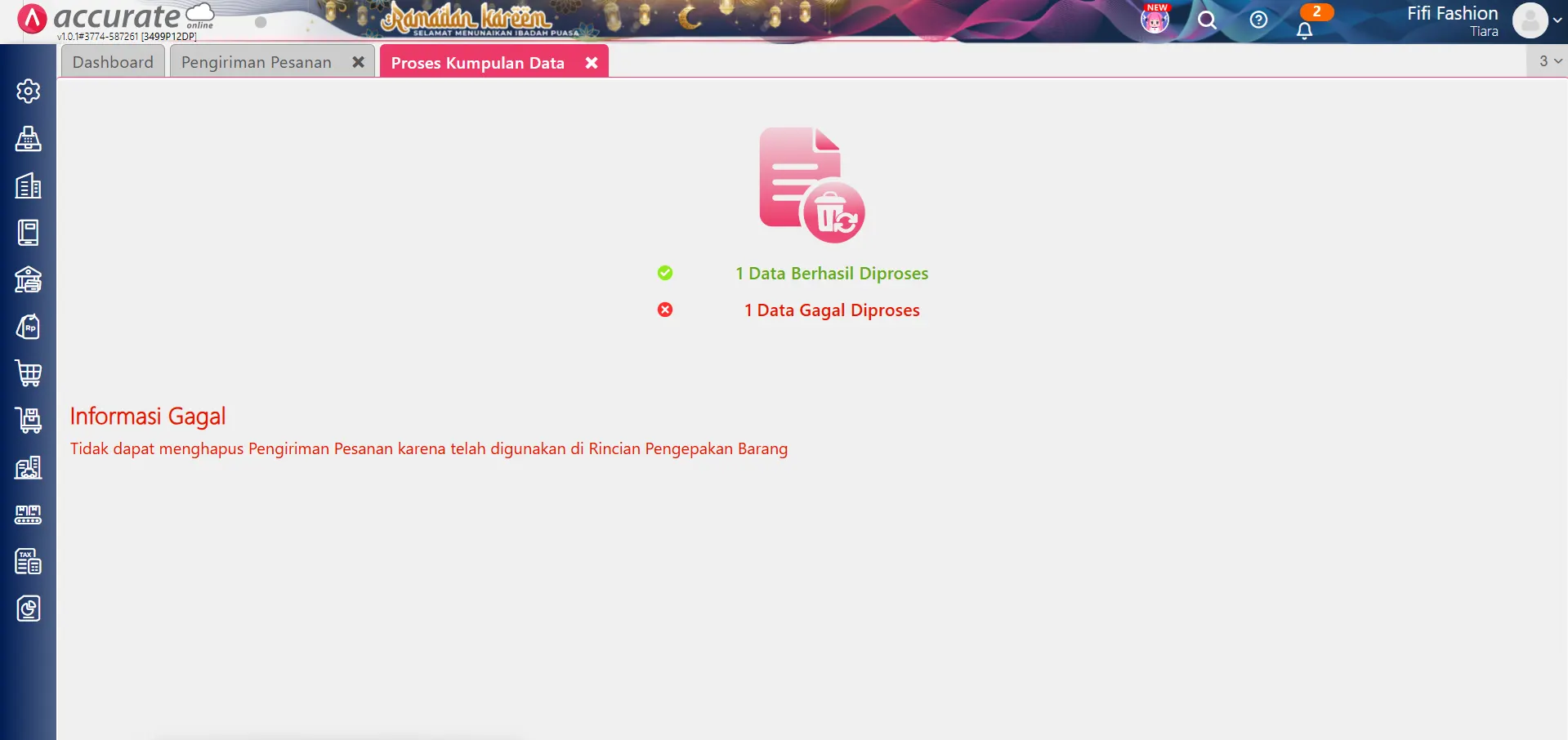 hapus transaksi pengiriman pesanan secara massal