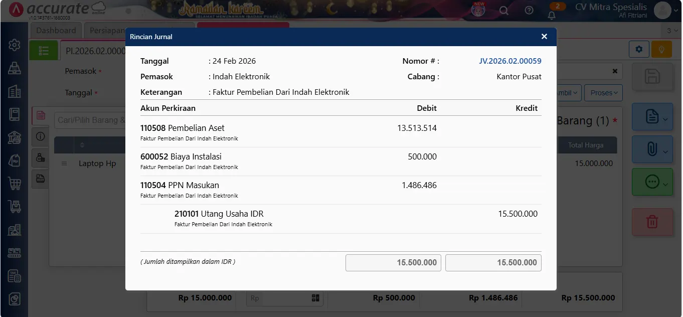 catat pembelian aset tetap dengan biaya tambahan