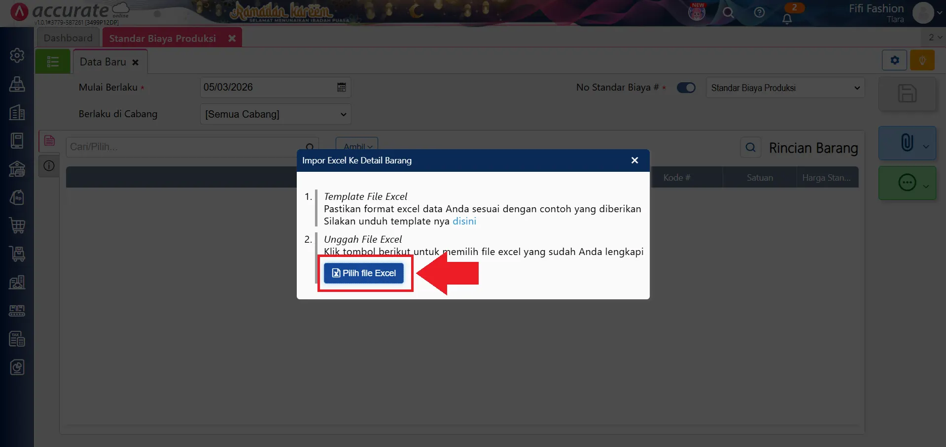 impor standar biaya produksi dari Excel