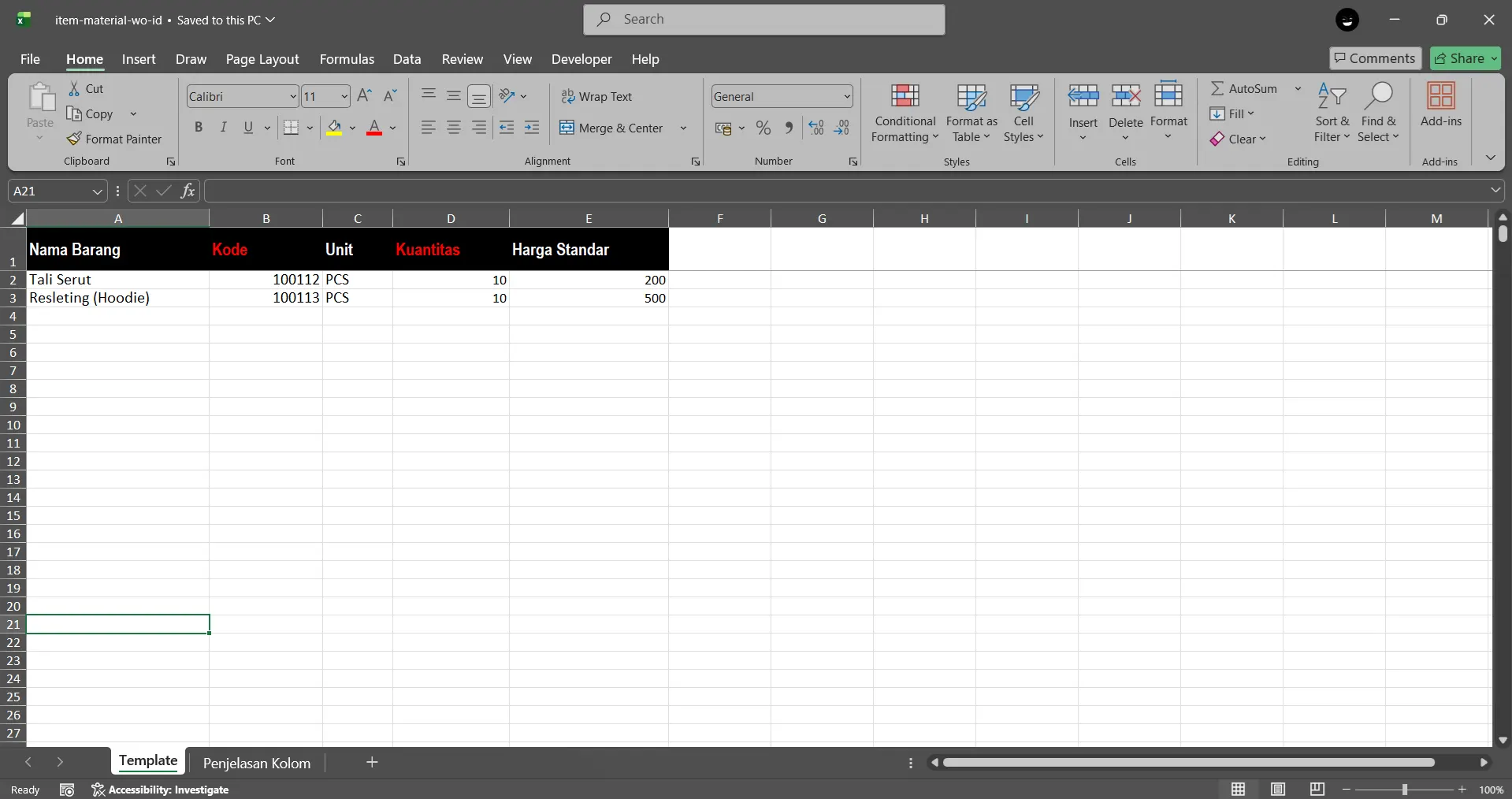 impor bahan baku perintah kerja excel