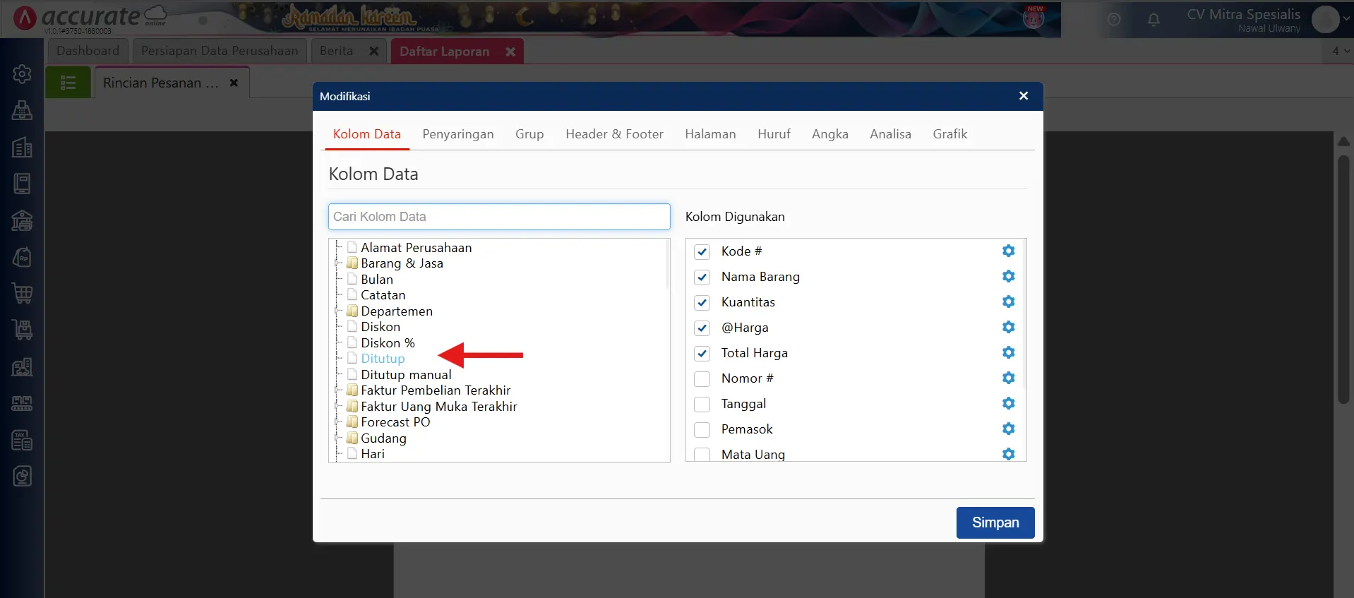 laporan pesanan pembelian ditutup