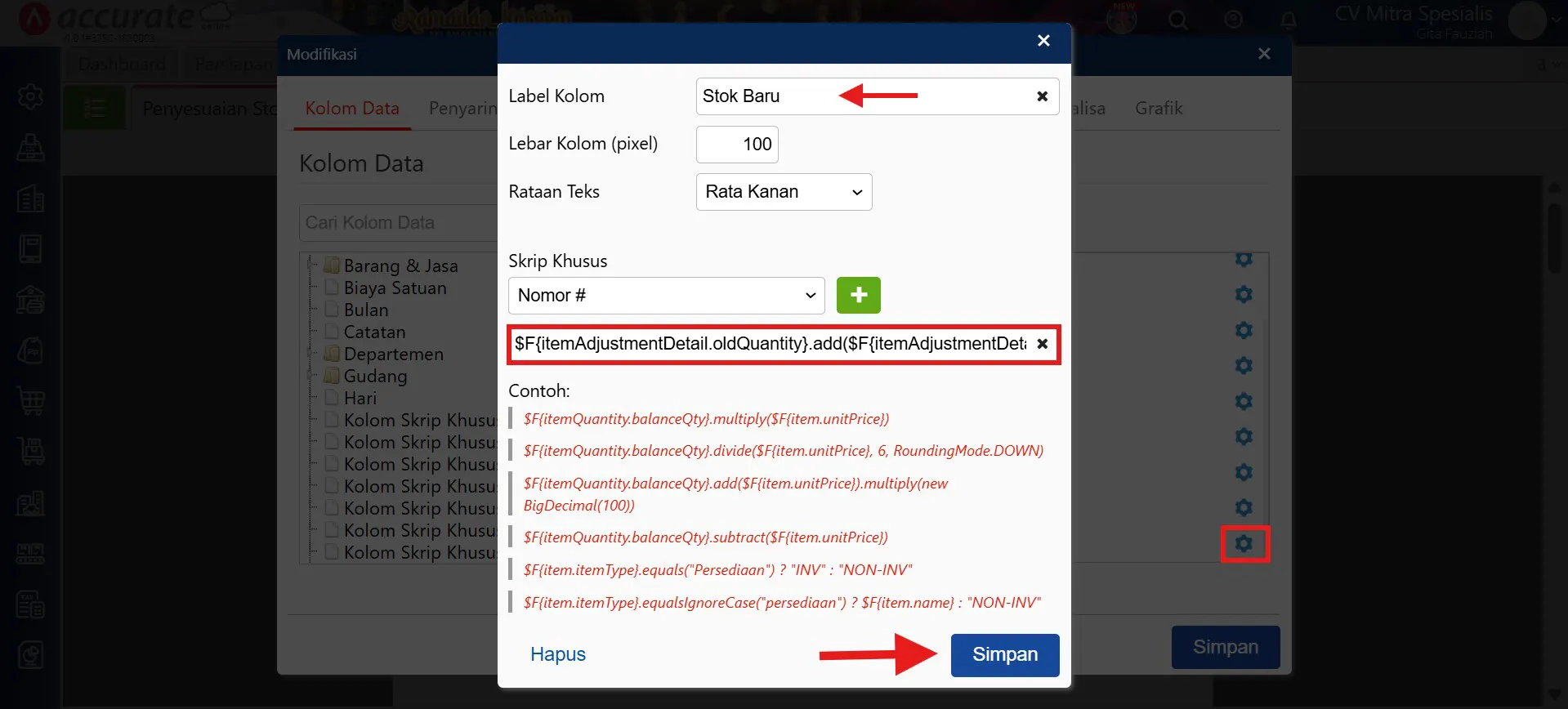 Menampilkan laporan penyesuaian stok dengan kuantitas