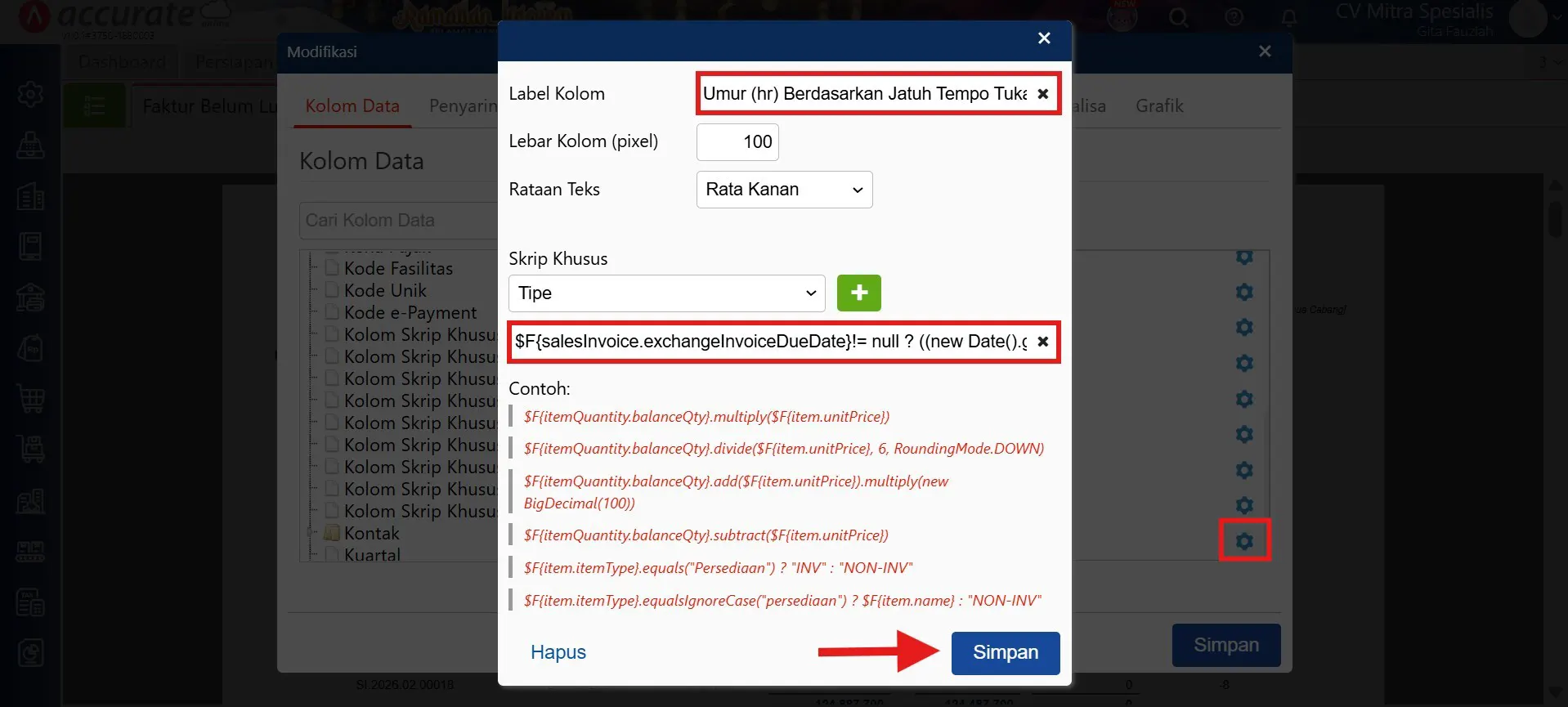 menampilkan umur piutang tukar faktur di faktur belum lunas