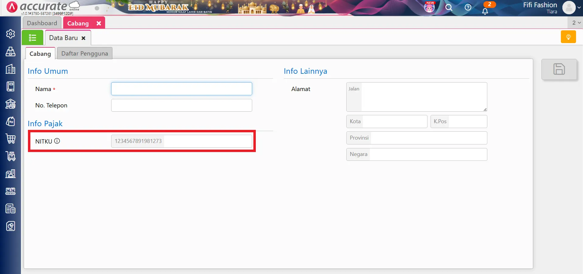 menambahkan NITKU cabang