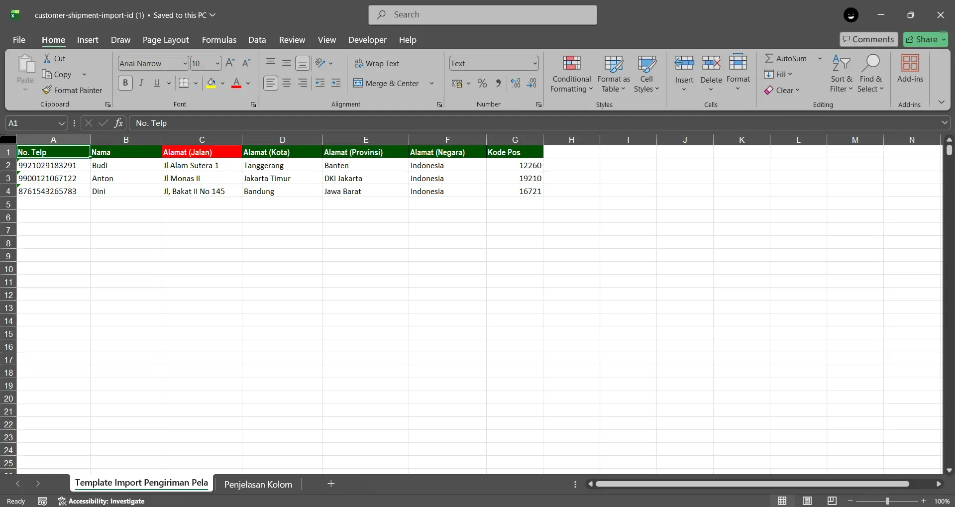 impor alamat pengiriman pelanggan dari excel