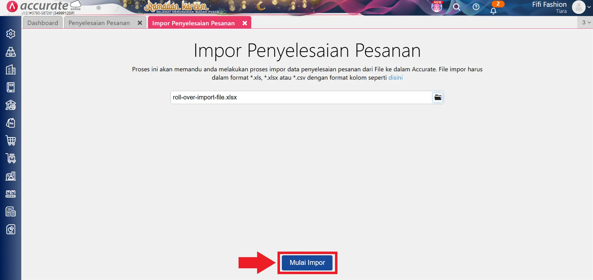 mengimpor penyelesaian pesanan