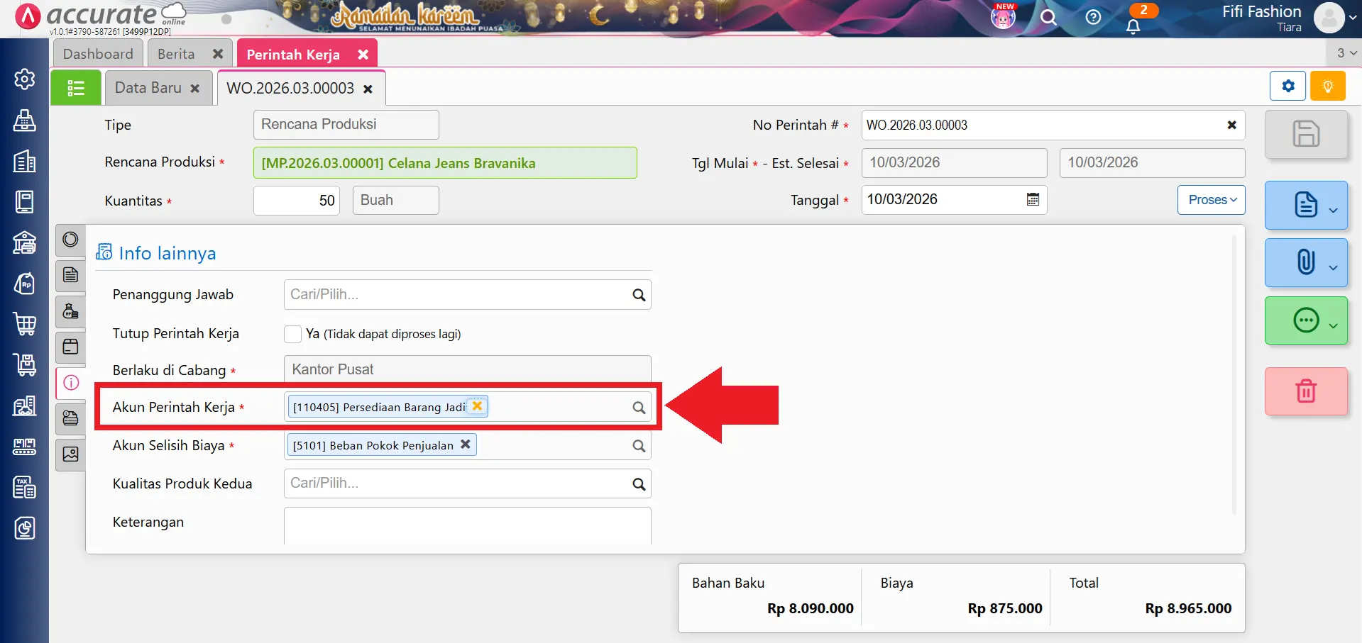 error akun saat pengambilan bahan baku