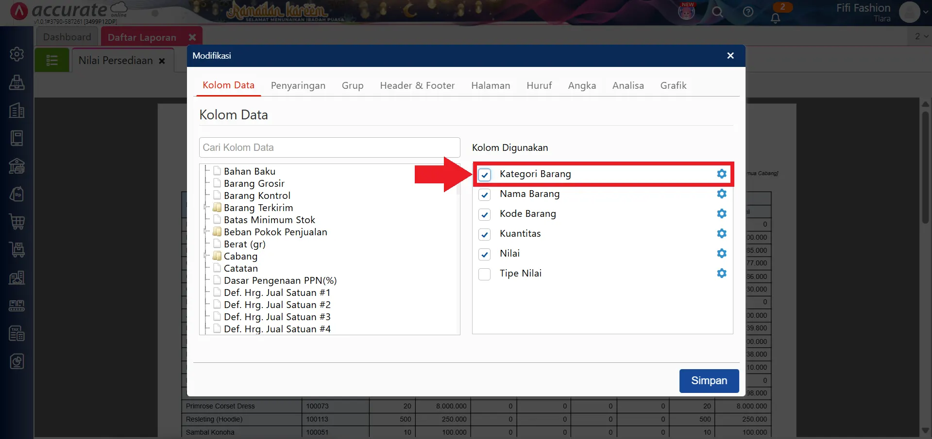 modifikasi laporan nilai persediaan per kategori barang