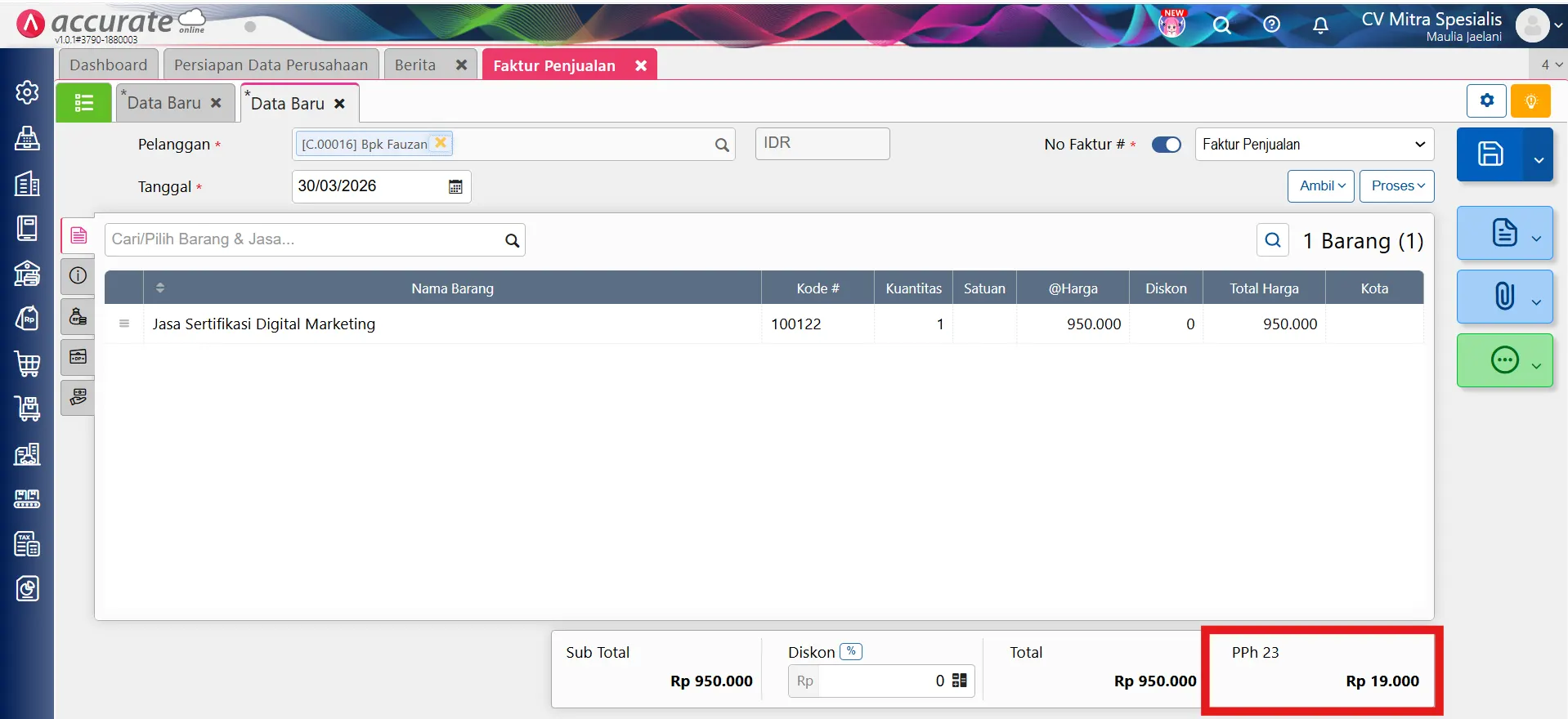 mencatat PPh 23 penjualan jasa