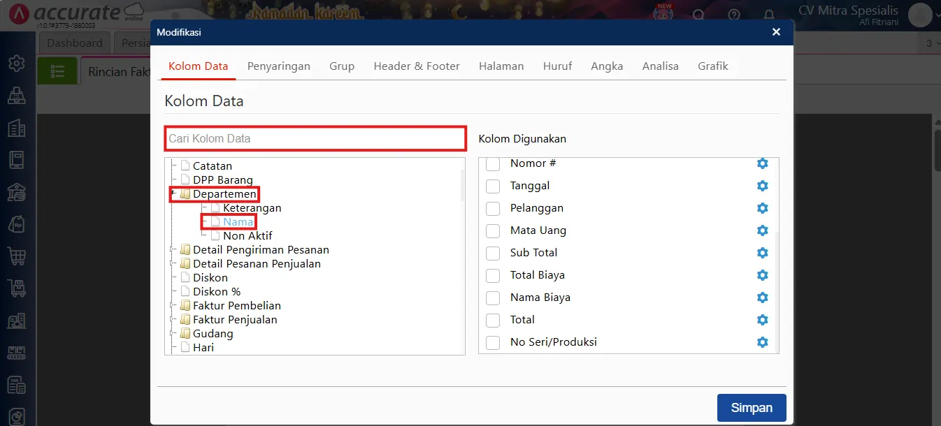 Menampilkan piutang penjualan per departemen