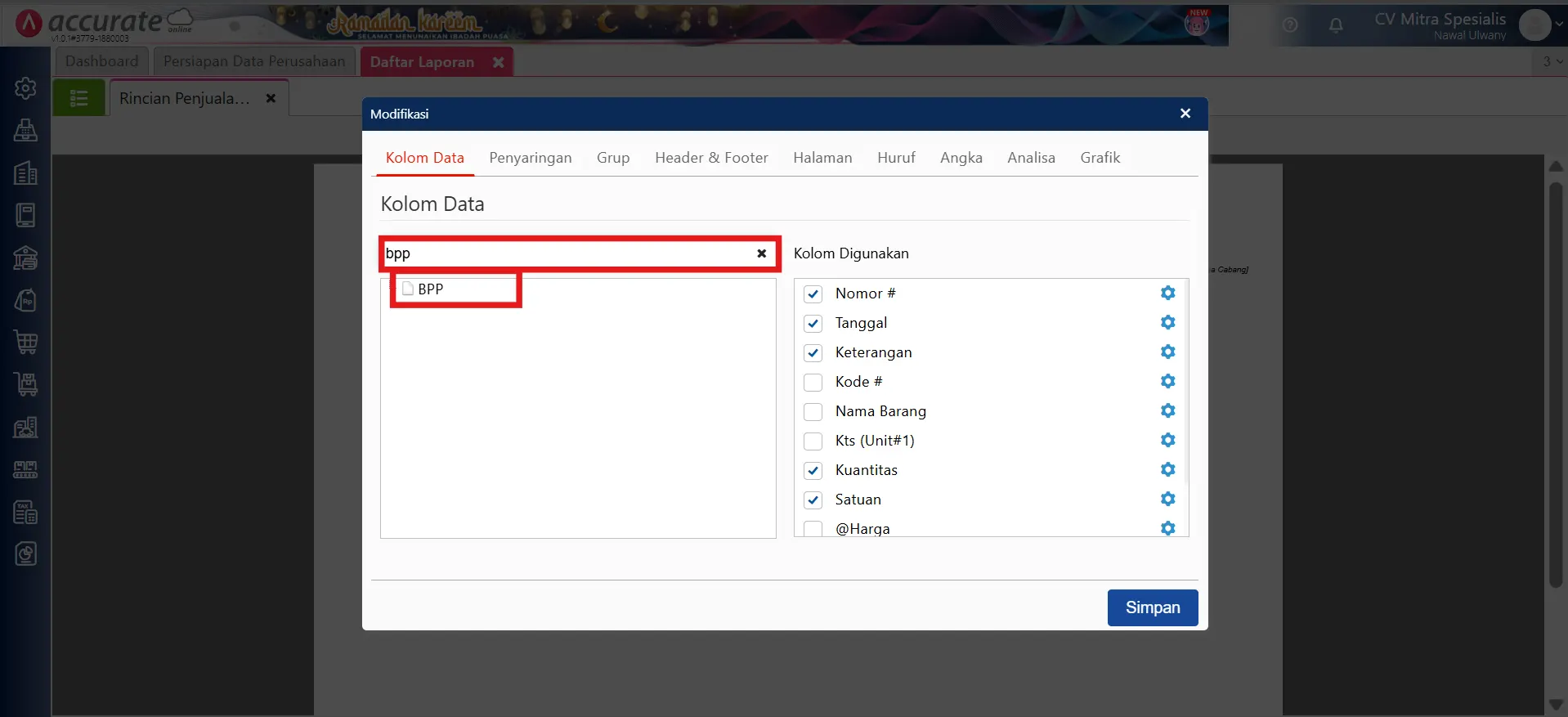 Menampilkan piutang penjualan per departemen