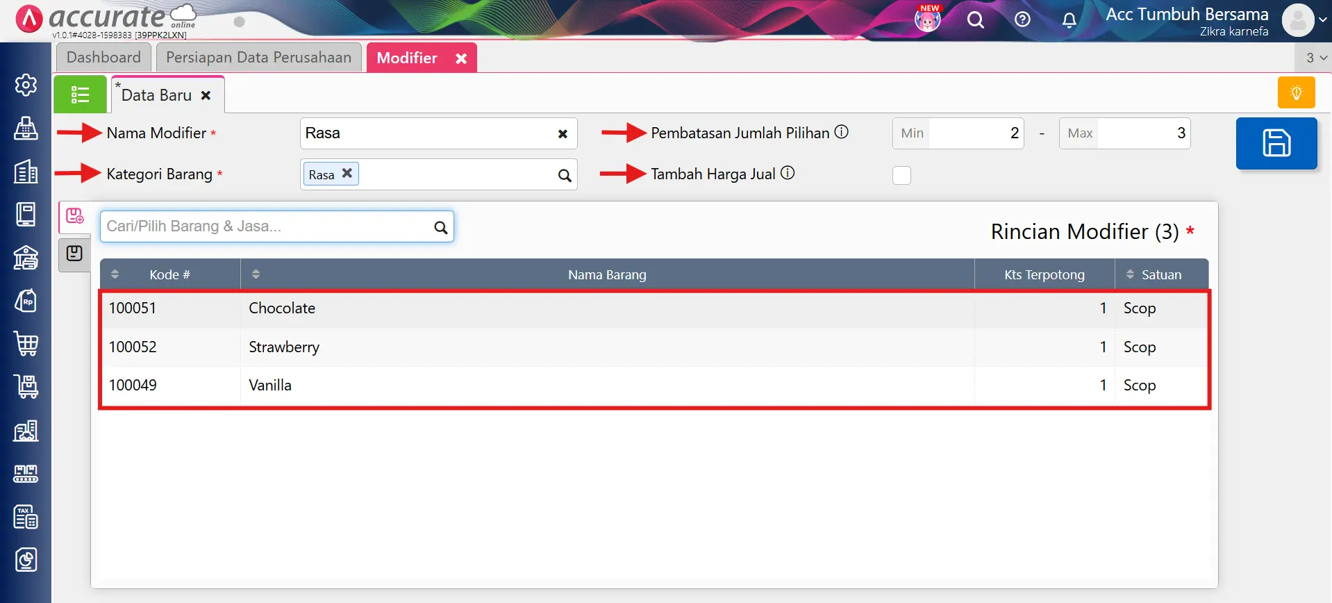 mengatur produk berdasarkan modifier