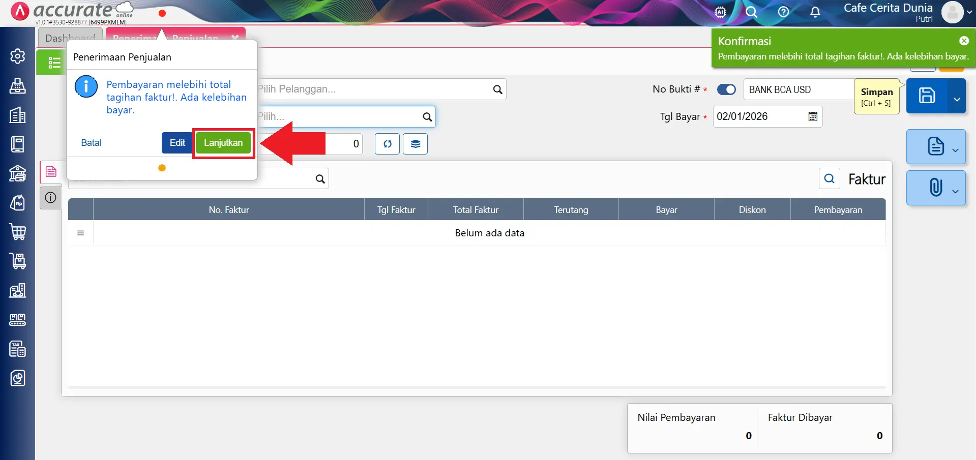 mencatat overpay penerimaan penjualan