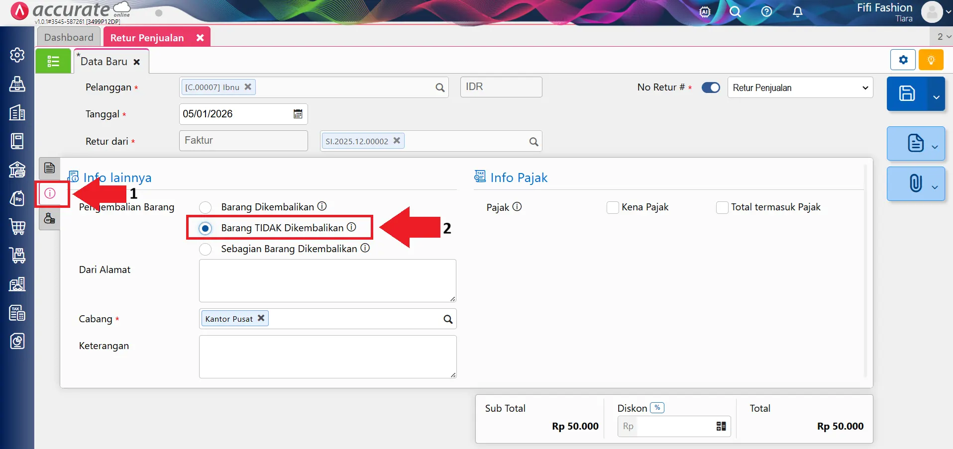 Cara retur penjualan tanpa barang kembali
